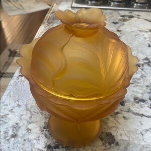 Amber Glass Pedestal Bowl with Floral Design